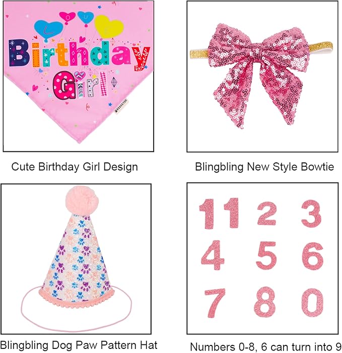 ADOGGYGO Dog Birthday Party Supplies, Pink Girl Puppy Birthday Bandana Hat Numbers Bow Set for Large and Extra Large Dogs (X-Large)