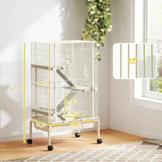 47inch Small Animal Cage, 4 Levels Large Rolling Metal Ferret Cage W 5.9Deep Tray, Ramps, Water Bottle, Food Dish, Beige