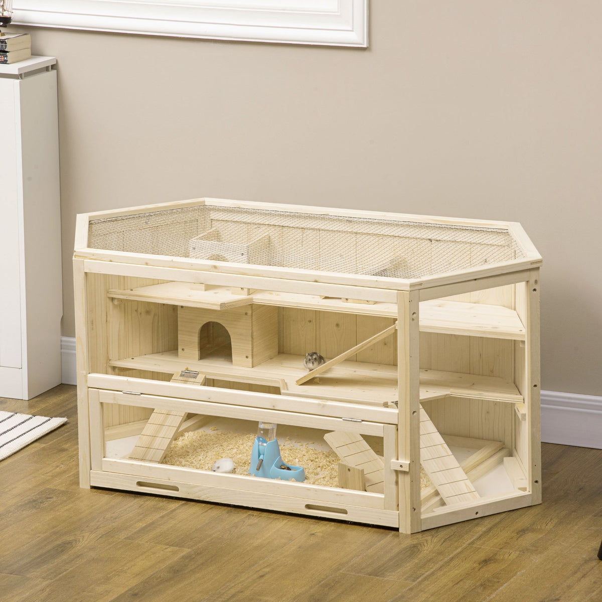 Wooden Large Hamster Cage Small Animal Exercise Play House 3 Tier with Tray, Seesaws, Water Bottle, Activity Center, Natural