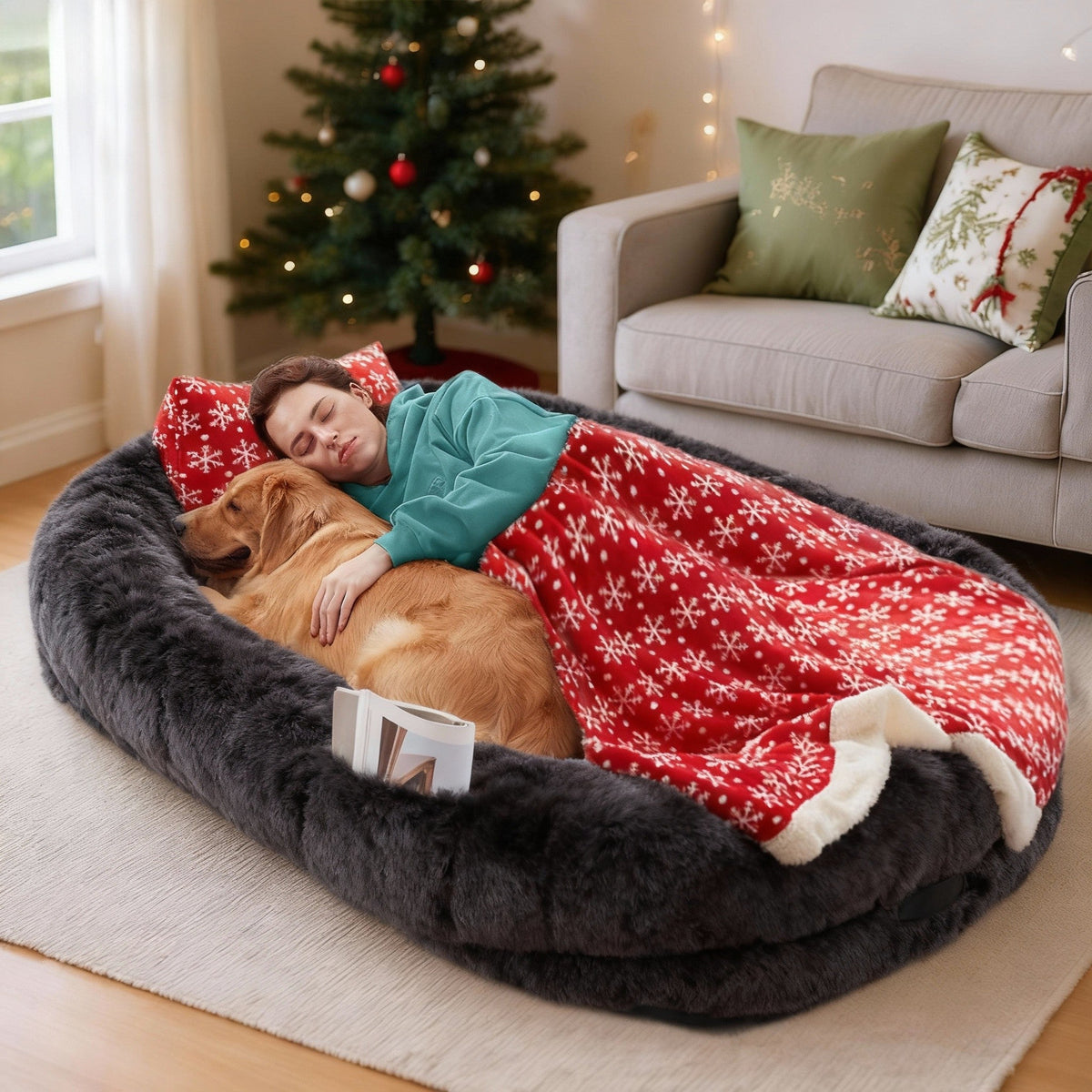 Oversized Human Dog Bed For Adults & Pets, 71 In X45 In X 12 In Ultra Soft Faux Fur Lounger, Washable Floor Bed With Orthopedic Support, Pillow & Blanket Included For Cozy Rest