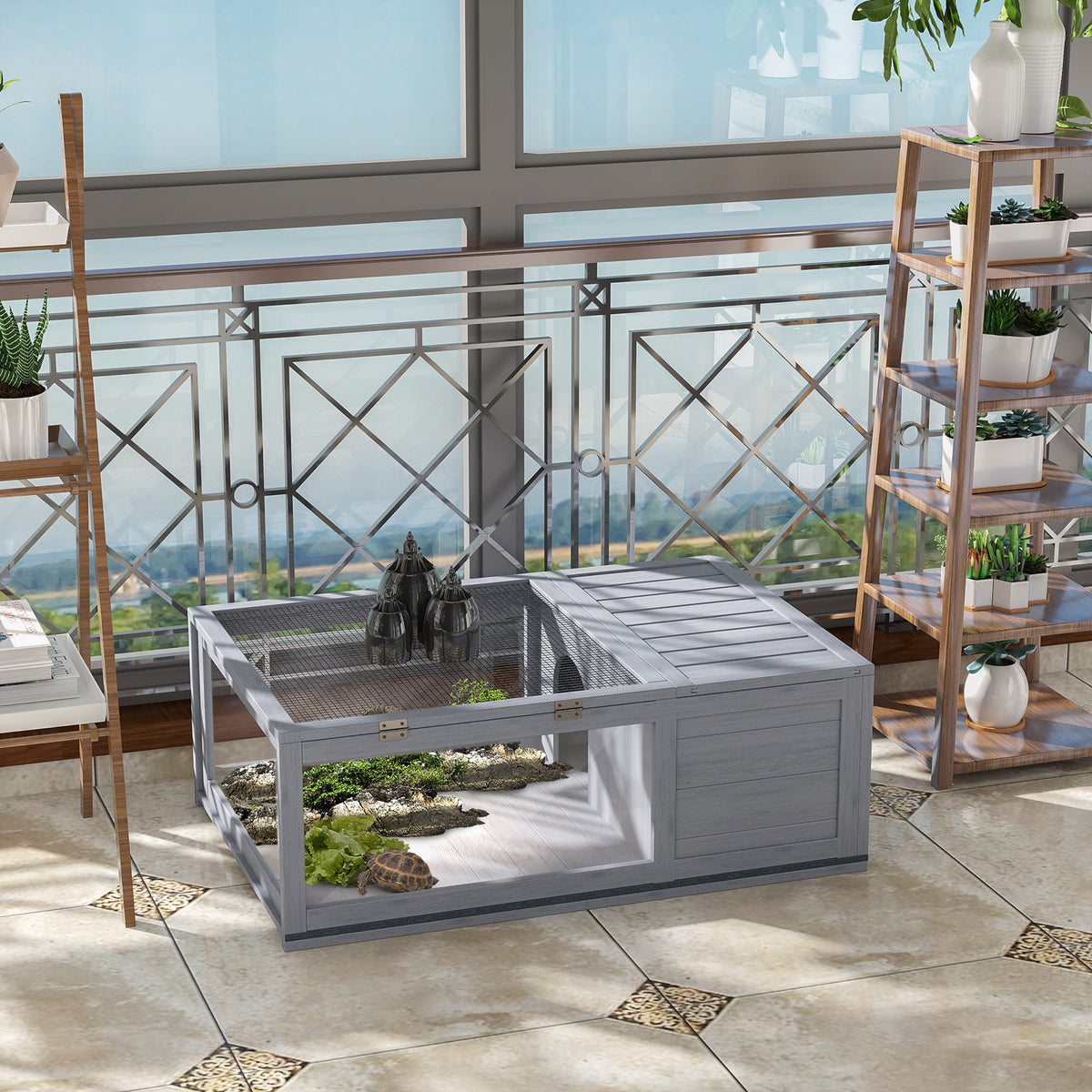 Wooden Reptile Cage with 3 Windows Slide-out Tray for Turtles, Lizards, Snakes