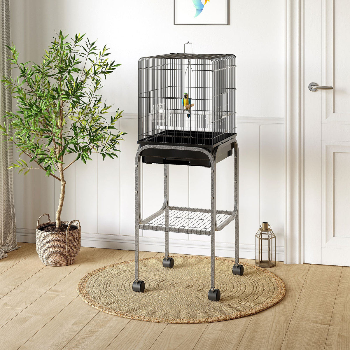 45-inch Metal Indoor Bird Cage, Parrot Cage, Bird Aviary with Detachable Rolling Stand, Storage Basket, and Accessories - Black
