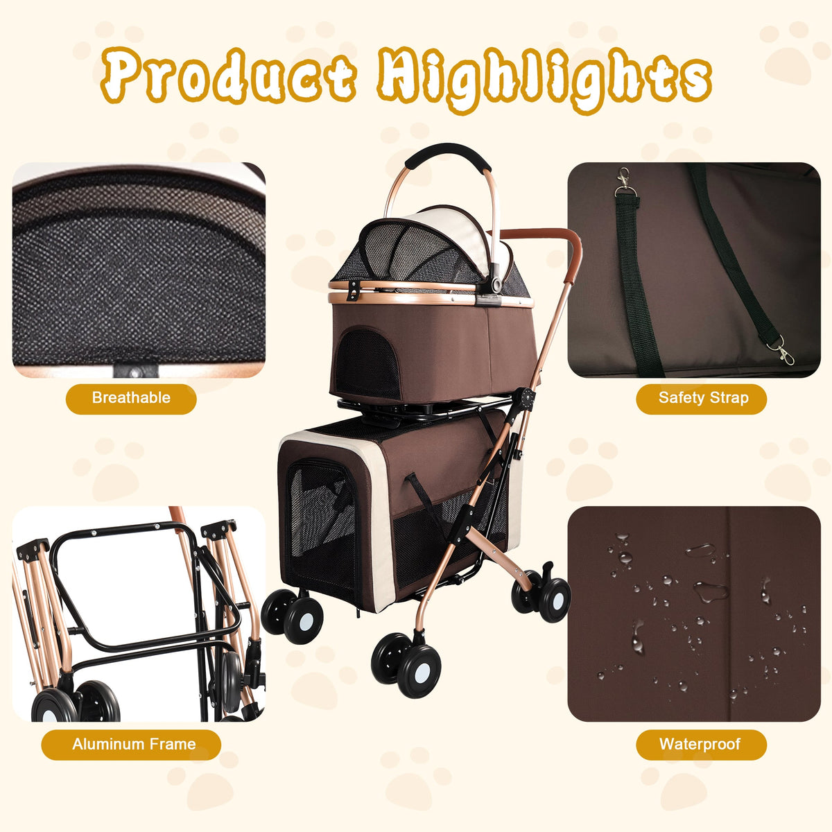Double Pet Stroller for Dogs and Cats, Foldable Frame, 3-in-1 Convertible Carrier/Tote, Shockproof Wheels, Brake System, Fixed Safety Leashes for Small/Medium Pets in Multi-Pet Homes(Khaki)