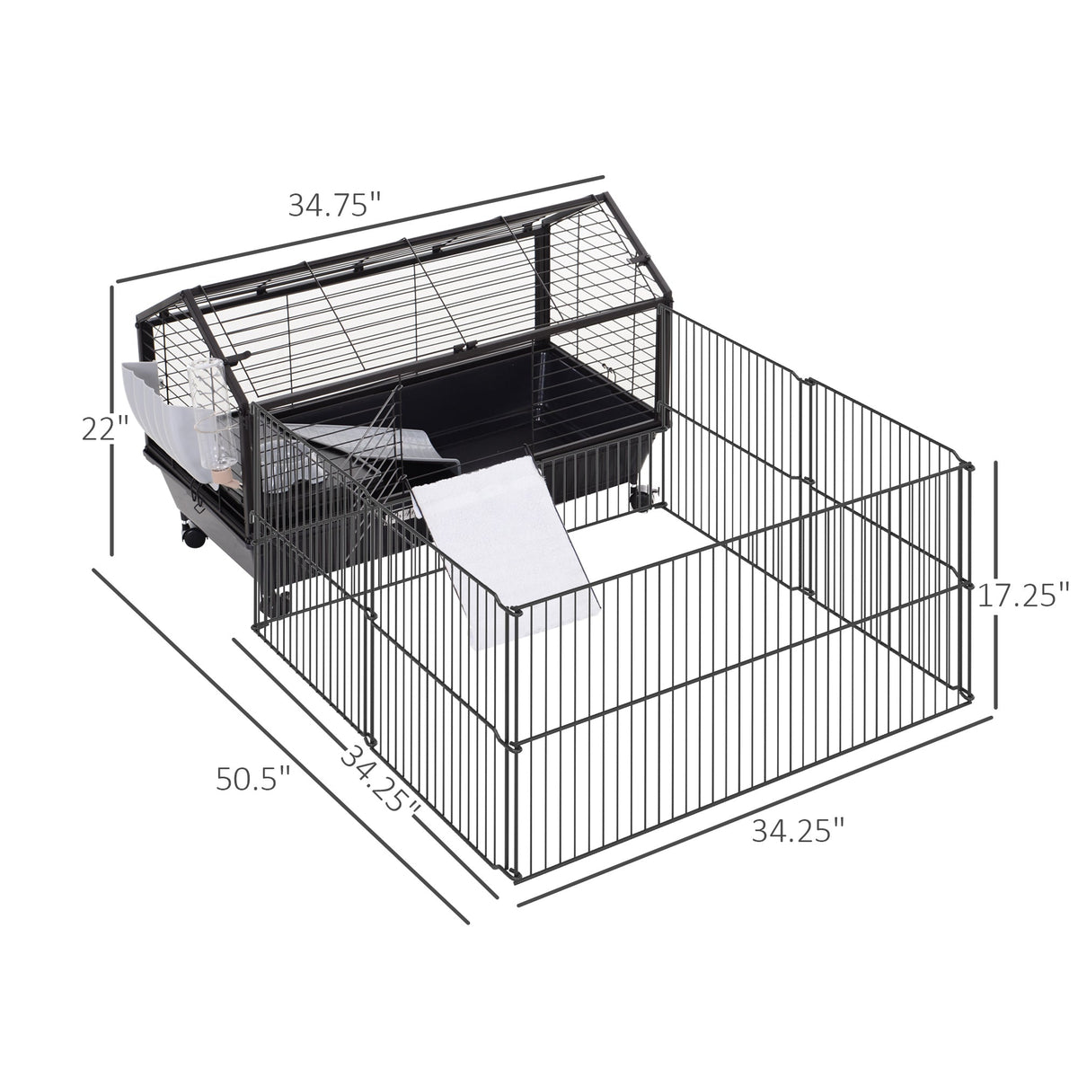 Rolling Metal Rabbit, Guinea Pig, or Small Animal Hutch Cage with Main House and Run