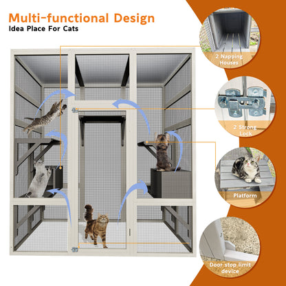 62.6" Gray Outdoor Wooden Cat House Large Catio, Solid Wood Cat Cage Shelter Enclosure Playpen with Anti-UV& Waterproof, 5 Platforms and 2 Resting Boxes