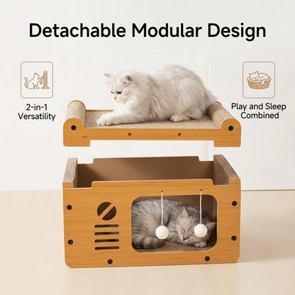 Multi-Style Double-Layer Cat Scratcher House, 2-Tier Large Cat Villa Bed With Corrugated Cardboard, Interactive Hanging Balls & Ergonomic Neck Support, Furniture-Saving Hideaway Cave For Indoor Cats