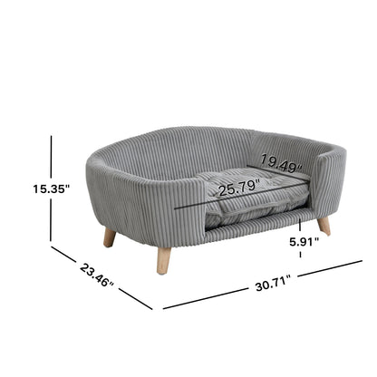Elevated Dog Bed Frame for Small Dog, Corduroy Pet Couch Bed with Rubber Wood Legs and Supportive Foam, Grey, Easy Assembly