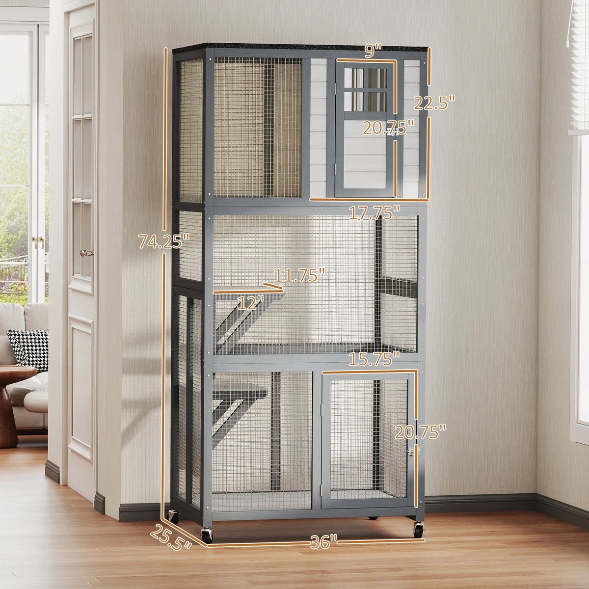 74" Wooden Outdoor Cat House Catio with High Weight Capacity, Cat Cage Condo, Dark Gray