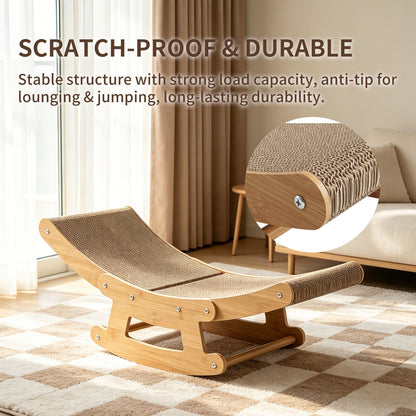 2-in-1 Cat Rocking Scratcher Chair Wooden Cat Bed Lounge Corrugated Cardboard Scratching Pad For Indoor Cats