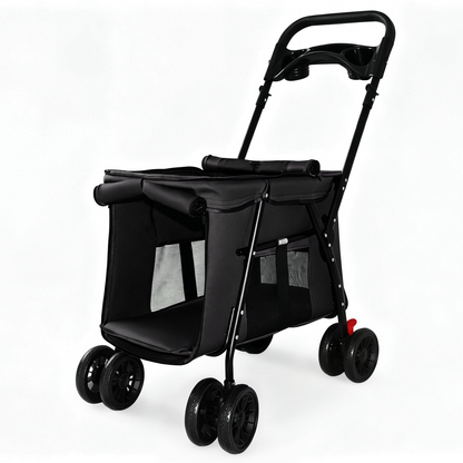Pet Stroller, Foldable 4-Wheel Design, Breathable Mesh Dog Cat Stroller with Shockproof Wheels, Brake System, Storage Tray, 2 Fixed Safety Leashes, Large Space Pet Carrier for Small Medium Pets,Black