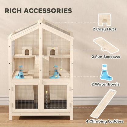 Wooden Hamster Cage, Large 3 Tier Hamster Cage w/ Pull-Out Tray, Openable Top, Hut, Seesaws, 26.8"L x 24.2"W x 35.4"H