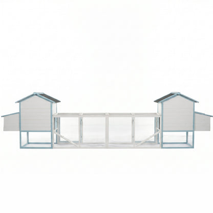 Large Wooden Chicken Coop with Double Nesting Boxes, Outdoor Walk-In Chicken Run with Waterproof Asphalt Roof, Fir Wood Poultry Cage with Pull-Out Dropping Trays, Blue & White Backyard Hen House