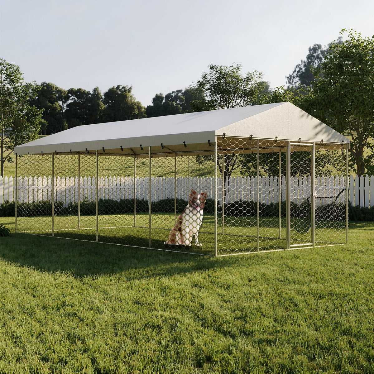10x20 FT Large Outdoor Dog Kennel with Canopy, Heavy Duty Galvanized Steel Frame, Waterproof Cover, All-Weather Protection, Escape-Proof Lockable Pet Playpen for Large Dogs, Multiple Animals.