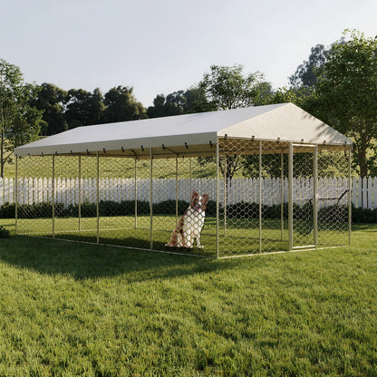 10x20 FT Large Outdoor Dog Kennel with Canopy, Heavy Duty Galvanized Steel Frame, Waterproof Cover, All-Weather Protection, Escape-Proof Lockable Pet Playpen for Large Dogs, Multiple Animals.