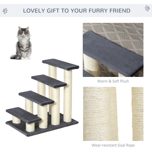 PawHut Cat Tree With 4 Steps For High Beds Couch, Cute Stair Shaped Cat Tree For Indoor Cats Or Dogs W Sisal Scratching Post, Climbing, Playing, Gray