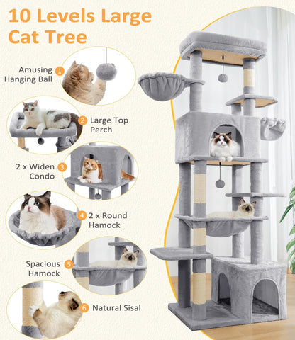 ABCPET Large Cat Tree, Cat Tower, Multi-Tier, Indoor Cat, Sisal Scratching Post, Widened Cat Perching Post, Square Hammock, Widened Cat House, Light Gray,Self-pickup Only