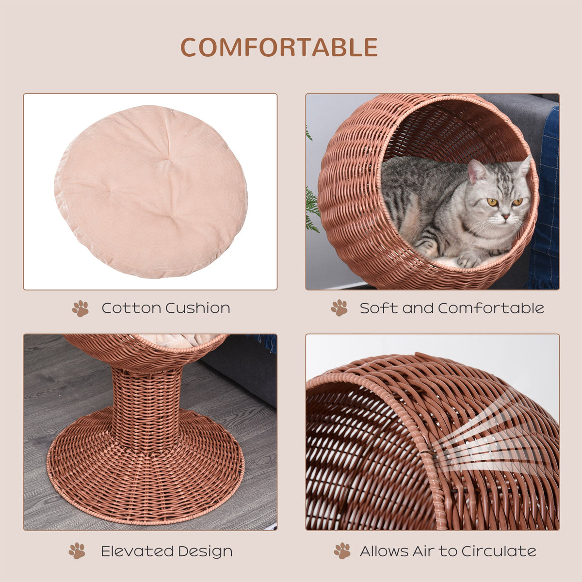 Elevated Cat Bed with Rotatable Egg Chair Pod, Cat Basket Bed with Thick Cushion, Natural Mat Grass Woven Kitty House, Brown