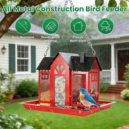 1Pc  Metal Hanging Bird Feeder House Classic Barn Bird Feeder House Iron Hanging Outdoor Feeder With Visible Window And Lift Top Lid 15.75in Hanging Length Wild Birds Garden Yard