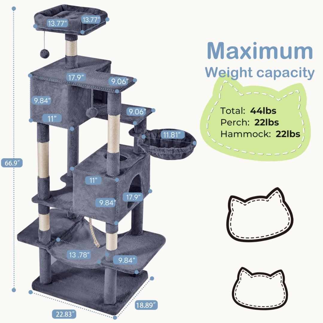 66 Inch Cat Tree Tower, Large Multi-Cat Climbing Extended Platform, Hammock, Pet House For Indoor Cats And Kittens Play
