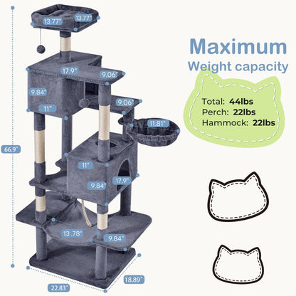 66 Inch Cat Tree Tower, Large Multi-Cat Climbing Extended Platform, Hammock, Pet House For Indoor Cats And Kittens Play