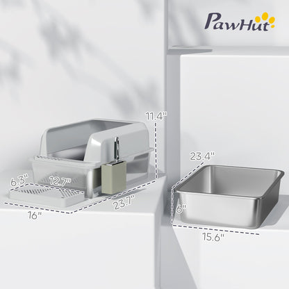 Stainless Steel Litter Box with Metal Scoop & Scoop Holder, High Sided, Anti-Urine Leakage, Non-Sticky