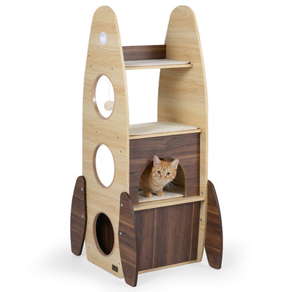 Rocket Cat Tree 47 Inch Large Wooden Cat Tower For Indoor Cats Sisal Scratching Pad Detachable Scratching Mat