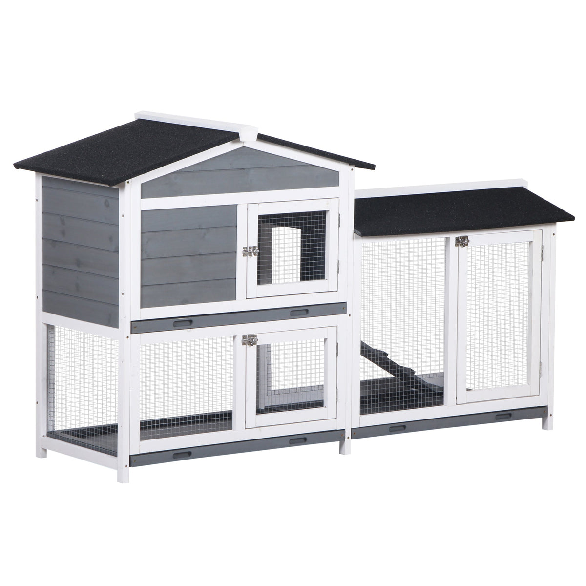 2-tier Indoor Rabbit Enclosure, Wood Hutch Backyard Small Animal House Ramp Outdoor Run Enclosed
