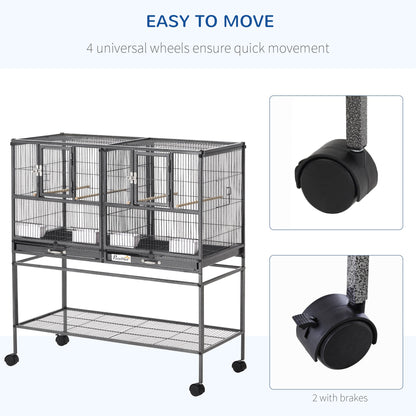 Divided Breeder Bird Cage with Rolling Stand Removable Metal Tray, Storage Shelf, Wood Perch, and Food Container
