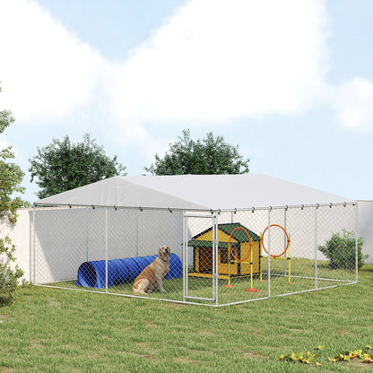 15 x 15 x 7 Dog Kennel Outdoor for Small Medium Large Dogs with Waterproof Roof, Silver