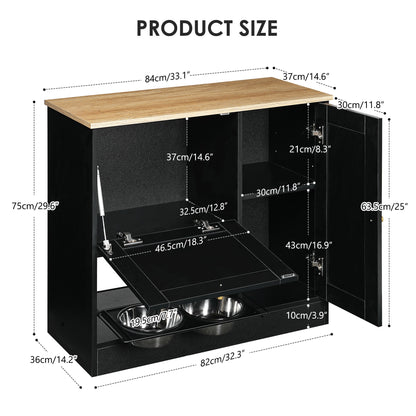 Feeding station with 2 lockers, pet feeding station with 2 elevated dog bowls, side hooks, anti-tipping kit, hidden pet feeding station for feeding and watering, rattan door, black