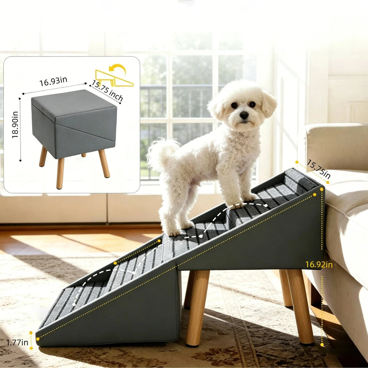 2-in-1 Dog Stairs for Bed and Couch 19.69" Foldable Dog Ramp for Couch 4 Pet Steps  & Ottoman for Small Dogs, Grey