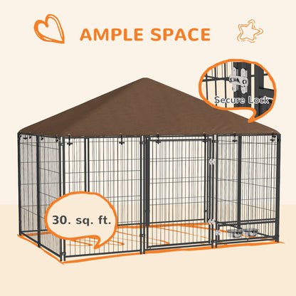 Outside Dog Kennel, 6.9 x 4.6 x 5 Puppy Play Pen with Canopy, Garden Playpen Fence Crate with Rotating Bowl, Black