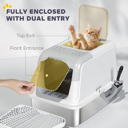 Extra Large Stainless Steel Litter Box, Enclosed Cat Litter Box with Scoop, Deodorizer Bag, Sand Drop Pedal