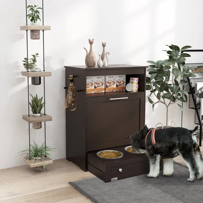Pet Feeder Station Storage Cabinet, Dog Food Storage Container With Dog Raised Bowls, Watering Supplies, Gray