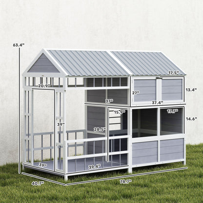 79"L Large Dog House Outdoor, Wooden Dog Kennel with Porch, Storage Cabinet,Weatherproof Roof, Windows