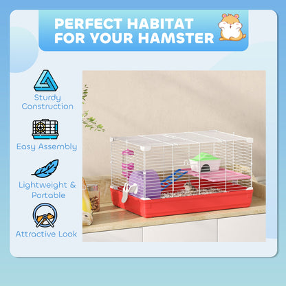18.5" Hamster Cage with Exercise Wheel and Water Bottle, Dish, Rat House and Habitat 2-Story Design, Red