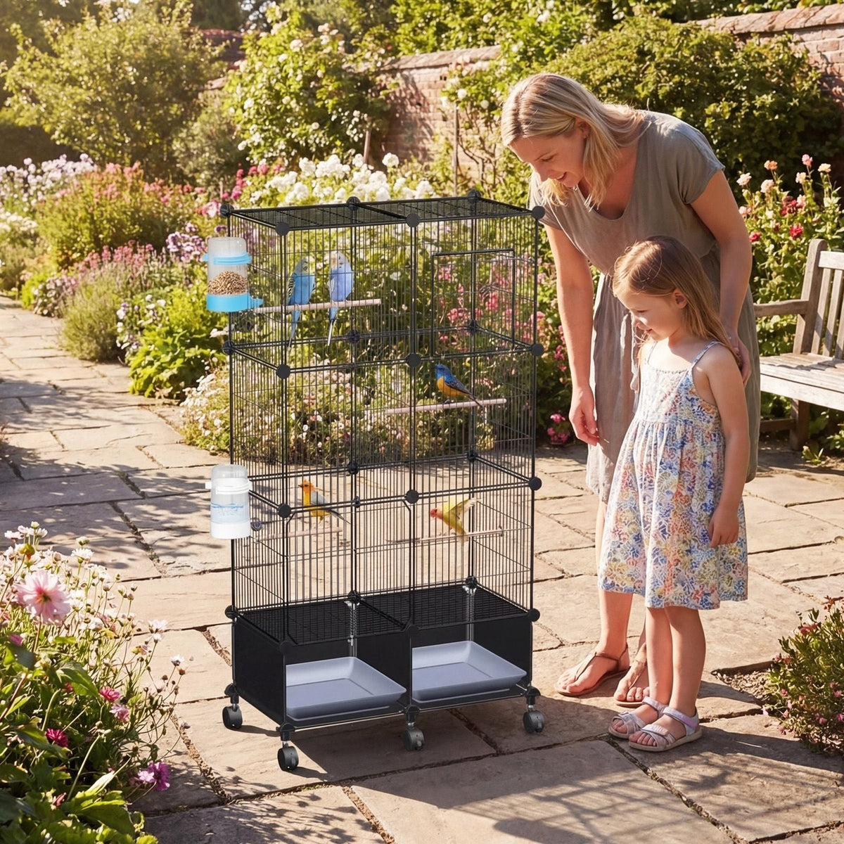 1Pc  46in Bird Cage Spacious Indoor Pet Bird House With 4 Wooden Perches 2 Slide-Out Tray 2 Water Bottle Feeder Lockable Wheels For Parrot Parakeets Cockatiel Lovebird Small Mid-Sized Birds