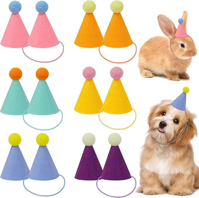 12pcs Mini Party Hats for Stuffed Animals, Birthday Party Cone Hats Dolls Dog Cat Rabbit Puppies Assorted Animal Birthday Decorations