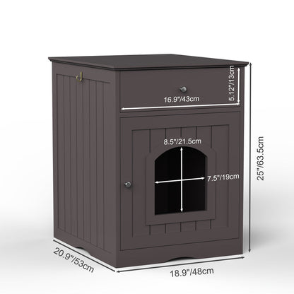 Black Wooden Cat Litter Box Enclosure W Drawer & Side Table, Indoor Pet Crate Nightstand For Home