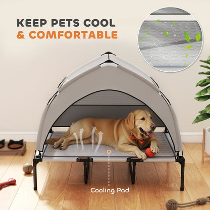 Elevated Dog Bed with Removable Canopy, Portable Outside Raised Pet Cot with Cooling Pad, Storage Bag, 42" x 30" x 37"