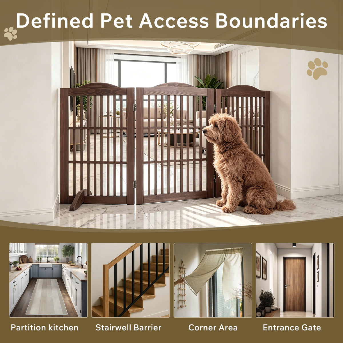 Wooden Freestanding Foldable Pet Gate for Dogs, 30 inch 3 Panels Step Over Fence, Dog Gate for The House, Doorway,
