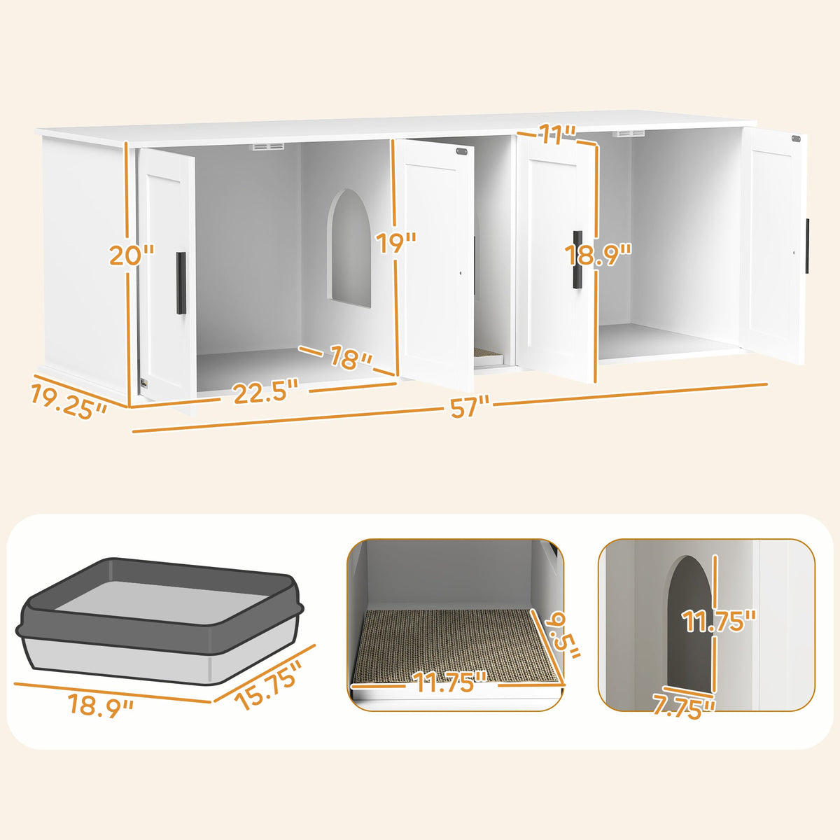 Cat Litter Box Enclosure with Double Room, Scratching Mat for 2 Cats, 57" x 19" x 20", White