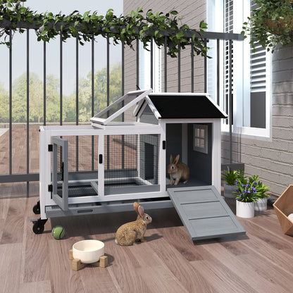 Wooden Rabbit Hutch with Wheels, Run, Slide-out Tray for Small Animals, Guinea Pig, Blue