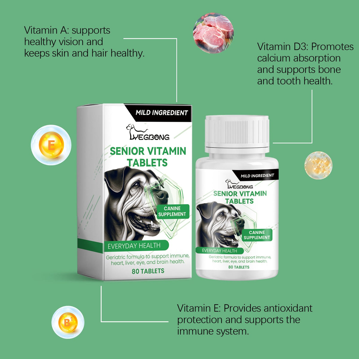 Senior Dog Vitamin Tablets, Multivitamin Supplement For Older Dogs, Support Immunity, Eyes, Skin & Bone Health, 80 Chewable Tablets