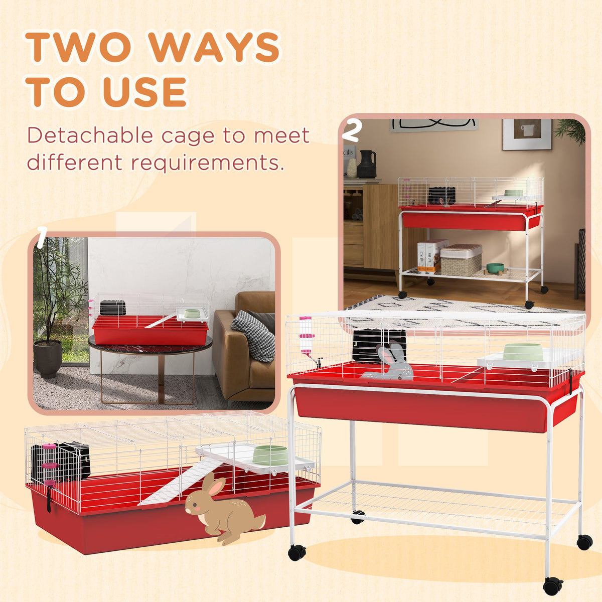 Two-Story Small Animal Cage Removable from Stand, Pet Habitat with Shelf & Wheels, 39" x 20.5" x 36.5", Red