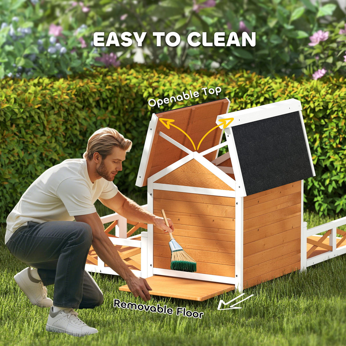 Outdoor Wooden Dog House, Dog Shelter with Large Porch, Weatherproof & Openable Roof, Elevated Base, Removable Floor