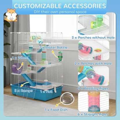 6 Tier Hamster Cage with Tubes and Tunnels, Hut, Wheel, Food Dish, Water Bottle, Ramps, for Dwarf & Gerbil, Light Blue