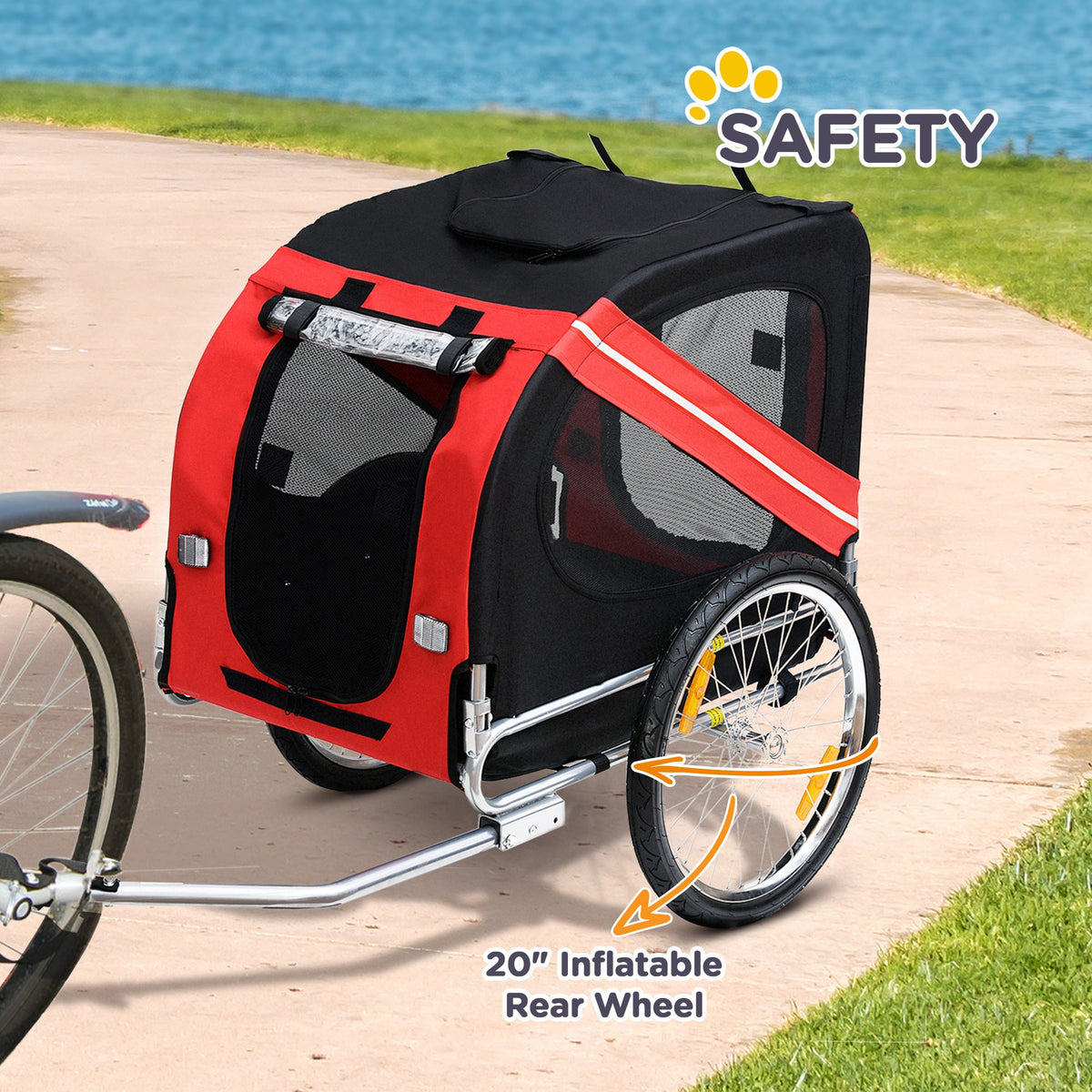 Dog Bike Trailer With Easy Folding Cart Frame, Large Wheels, 3 Entrances, Mesh Screen, For Dogs Within 44 Lbs, Red & Black