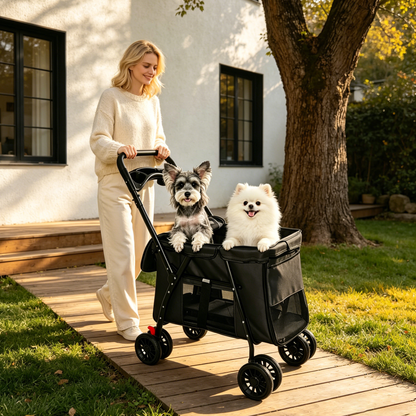 Pet Stroller, Foldable 4-Wheel Design, Breathable Mesh Dog Cat Stroller with Shockproof Wheels, Brake System, Storage Tray, 2 Fixed Safety Leashes, Large Space Pet Carrier for Small Medium Pets,Black