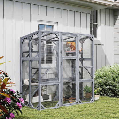 Large Wooden Catio Outdoor With 6 Jumping Platforms, Weatherproof Roof, For 1-3 Cats, 59 X 28 X 60, Gray